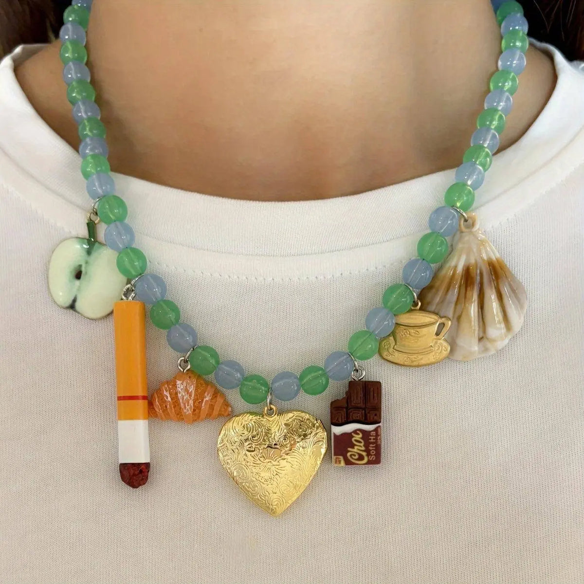 Boho Vacation Style Beaded Pendant Necklaces with Fruit, Heart, Teacup, Teapot, Bread SS69