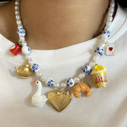Boho Vacation Style Beaded Pendant Necklaces with Fruit, Heart, Teacup, Teapot, Bread SS69