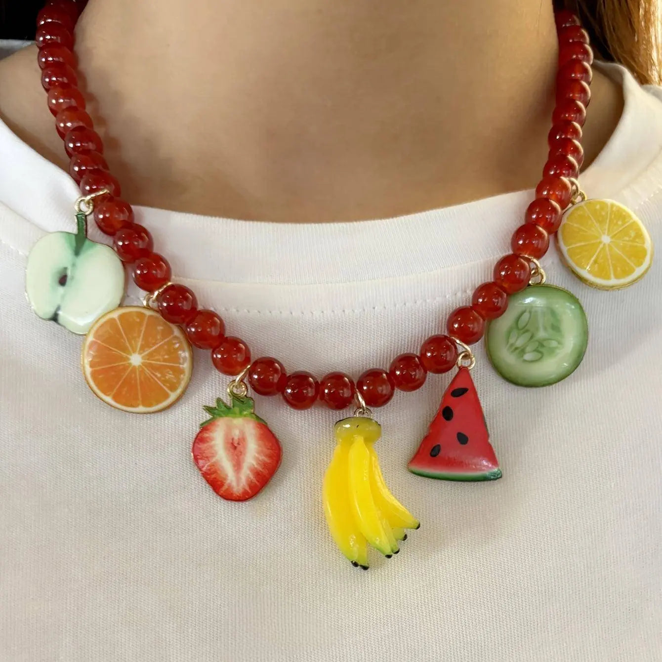 Boho Vacation Style Beaded Pendant Necklaces with Fruit, Heart, Teacup, Teapot, Bread SS69