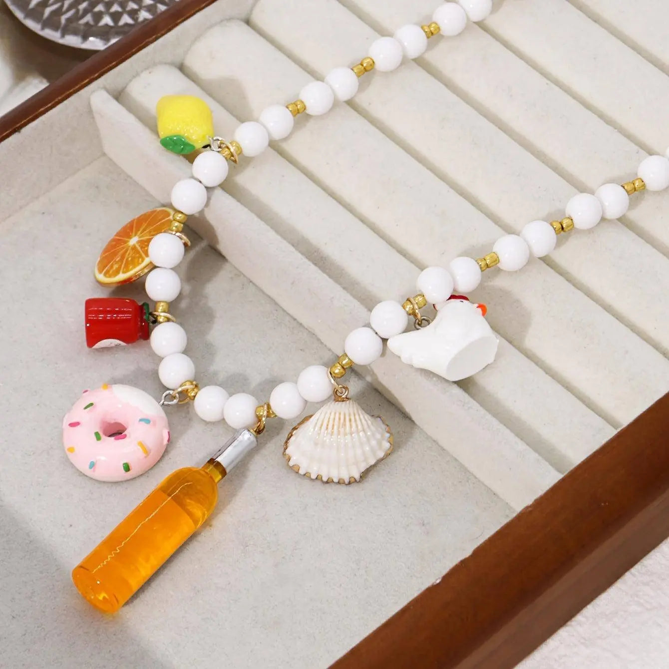 Boho Vacation Style Beaded Pendant Necklaces with Fruit, Heart, Teacup, Teapot, Bread SS69