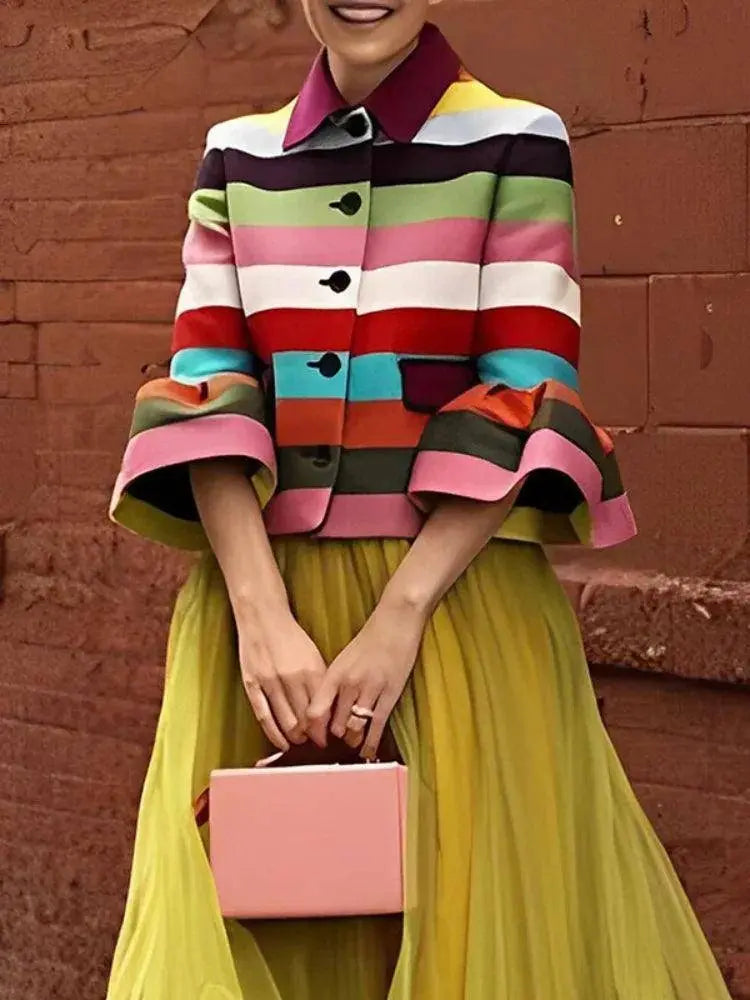 Bohohipei 2025 New Vintage Elegant Multi-Colored Striped Lapel Jackets Women Spring Flared Sleeves Party Evening Outerwears SS69