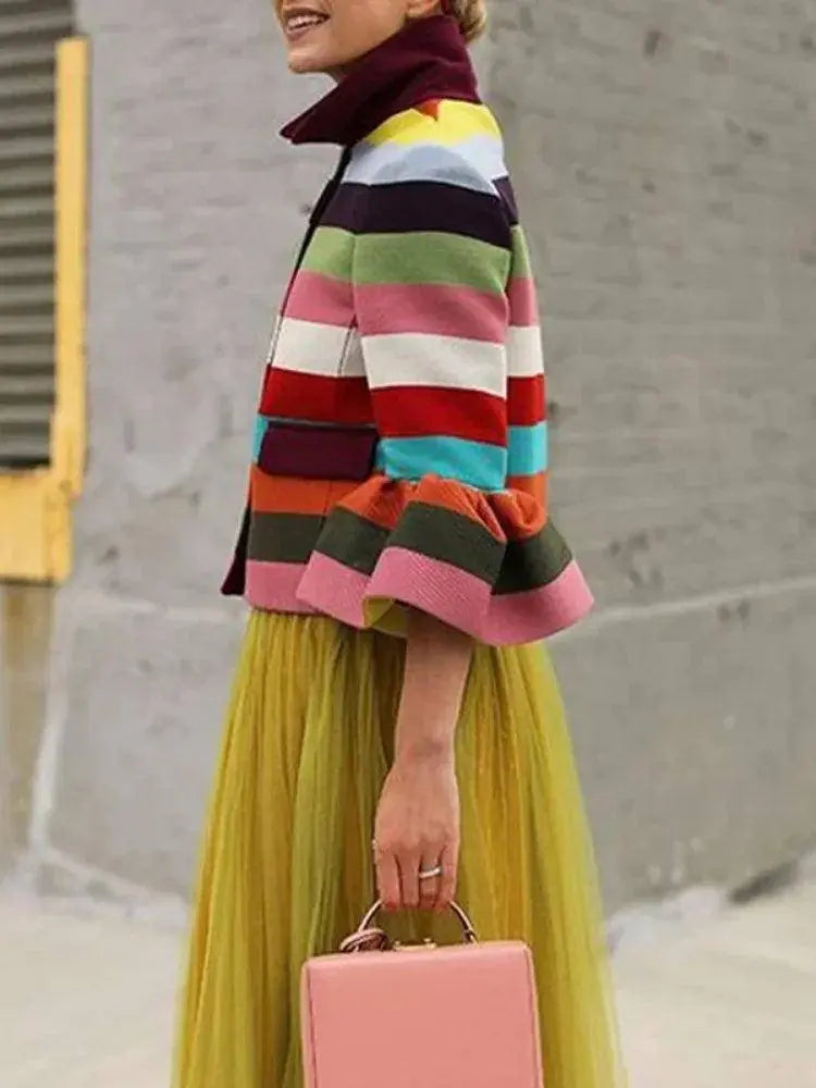 Bohohipei 2025 New Vintage Elegant Multi-Colored Striped Lapel Jackets Women Spring Flared Sleeves Party Evening Outerwears SS69