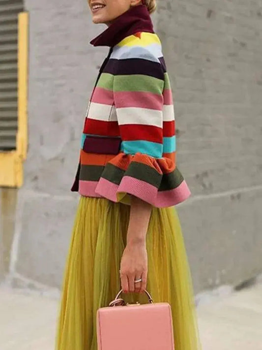 Bohohipei 2025 New Vintage Elegant Multi-Colored Striped Lapel Jackets Women Spring Flared Sleeves Party Evening Outerwears SS69