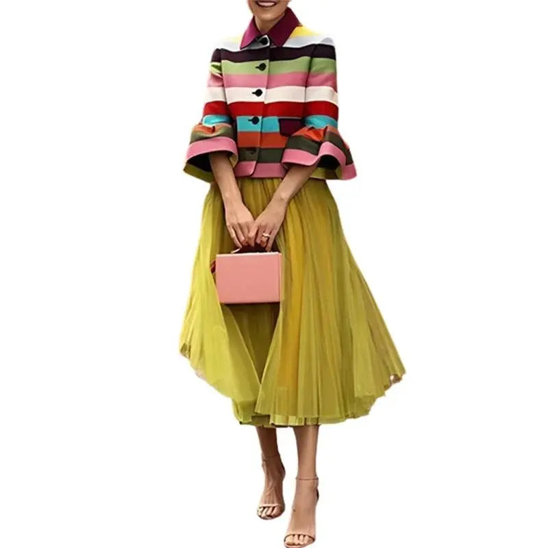Bohohipei 2025 New Vintage Elegant Multi-Colored Striped Lapel Jackets Women Spring Flared Sleeves Party Evening Outerwears SS69