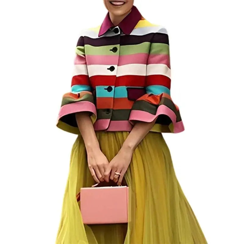 Bohohipei 2025 New Vintage Elegant Multi-Colored Striped Lapel Jackets Women Spring Flared Sleeves Party Evening Outerwears SS69