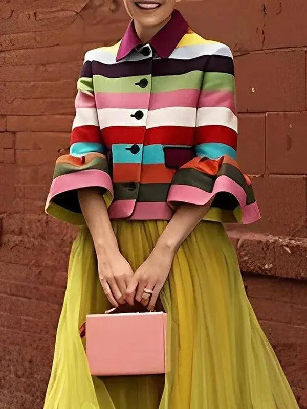 Bohohipei 2025 New Vintage Elegant Multi-Colored Striped Lapel Jackets Women Spring Flared Sleeves Party Evening Outerwears SS69