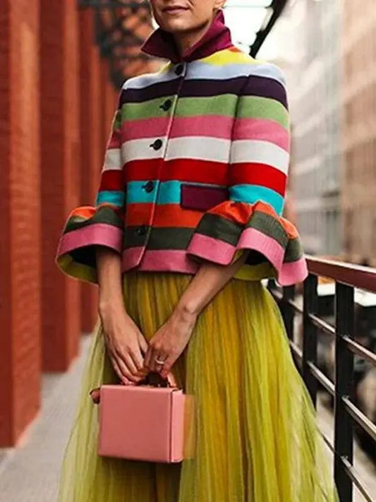 Bohohipei 2025 New Vintage Elegant Multi-Colored Striped Lapel Jackets Women Spring Flared Sleeves Party Evening Outerwears SS69