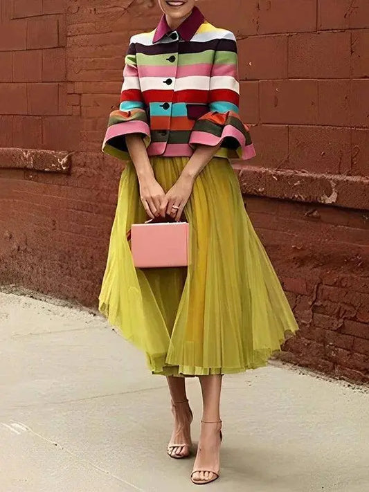 Bohohipei 2025 New Vintage Elegant Multi-Colored Striped Lapel Jackets Women Spring Flared Sleeves Party Evening Outerwears SS69