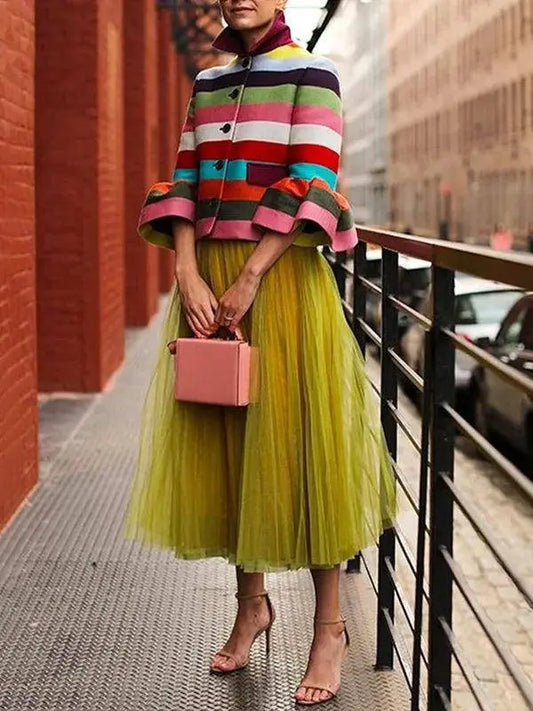 Bohohipei 2025 New Vintage Elegant Multi-Colored Striped Lapel Jackets Women Spring Flared Sleeves Party Evening Outerwears SS69