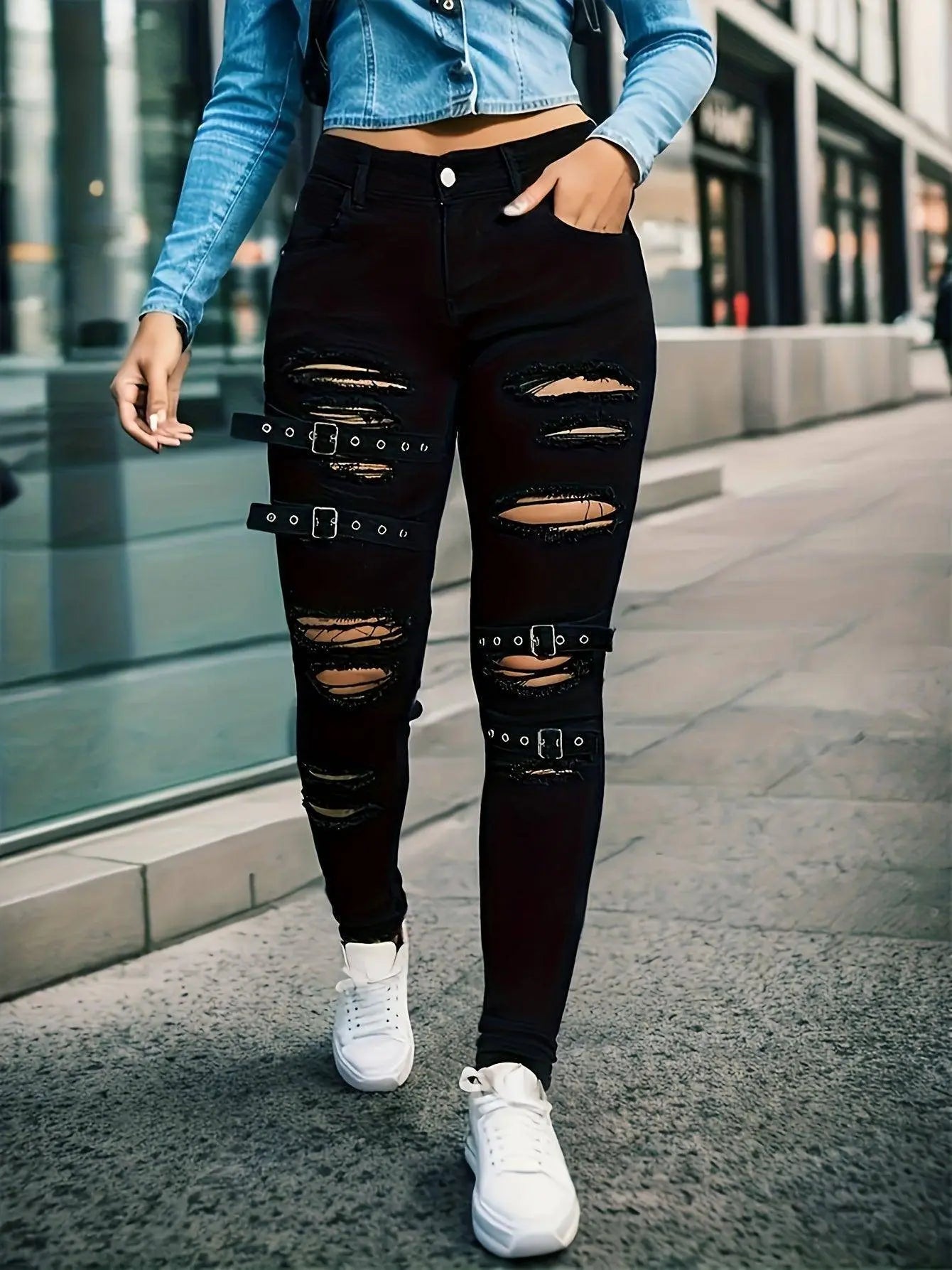 Buckle Ripped Plain Jeans, Distressed Gothic Punk Style Skinny Denim Pants, Women's Denim Jeans & Clothing SS69