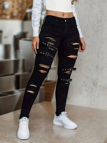 Buckle Ripped Plain Jeans, Distressed Gothic Punk Style Skinny Denim Pants, Women's Denim Jeans & Clothing SS69
