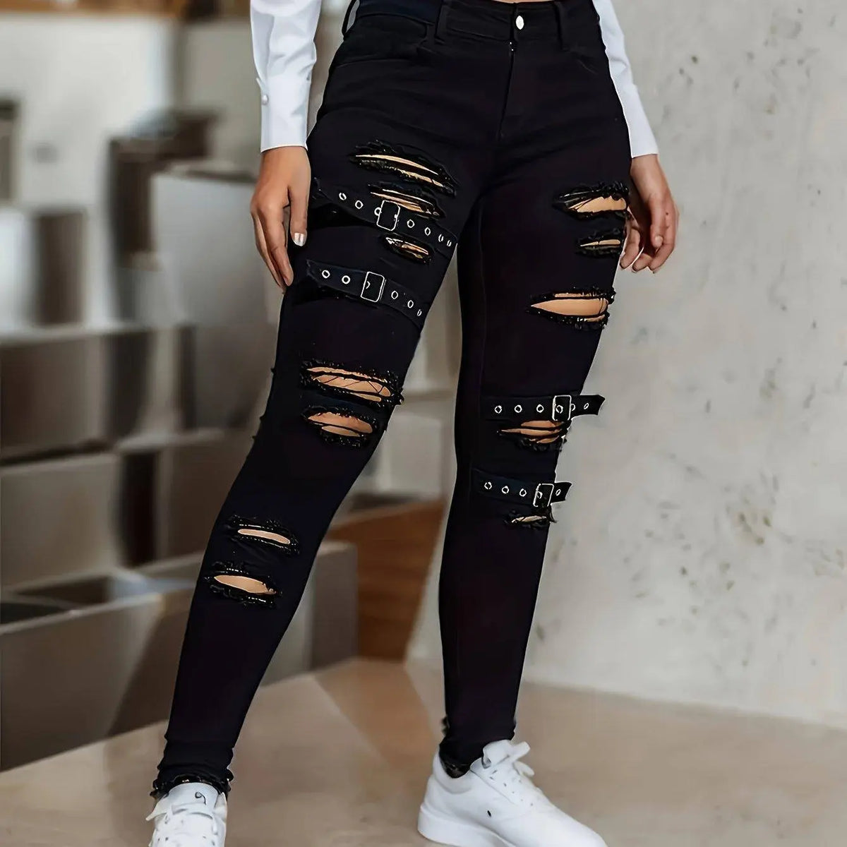Buckle Ripped Plain Jeans, Distressed Gothic Punk Style Skinny Denim Pants, Women's Denim Jeans & Clothing SS69