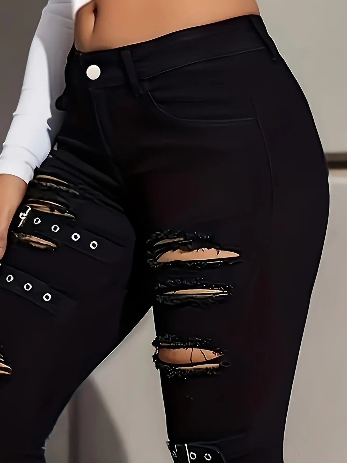 Buckle Ripped Plain Jeans, Distressed Gothic Punk Style Skinny Denim Pants, Women's Denim Jeans & Clothing SS69