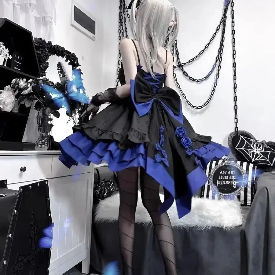 COALFELL Vintage Blue Gothic Lolita Jsk Dress Women Elegant Rose Ruffles Bow Princess Dresses Halloween Girls Tea Party Dress SS69