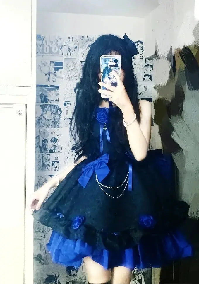 COALFELL Vintage Blue Gothic Lolita Jsk Dress Women Elegant Rose Ruffles Bow Princess Dresses Halloween Girls Tea Party Dress SS69
