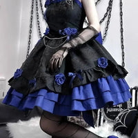 COALFELL Vintage Blue Gothic Lolita Jsk Dress Women Elegant Rose Ruffles Bow Princess Dresses Halloween Girls Tea Party Dress SS69