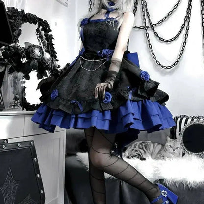 COALFELL Vintage Blue Gothic Lolita Jsk Dress Women Elegant Rose Ruffles Bow Princess Dresses Halloween Girls Tea Party Dress SS69