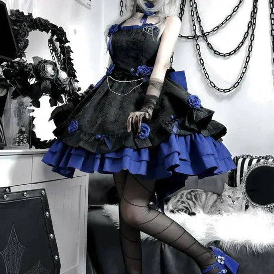 COALFELL Vintage Blue Gothic Lolita Jsk Dress Women Elegant Rose Ruffles Bow Princess Dresses Halloween Girls Tea Party Dress SS69