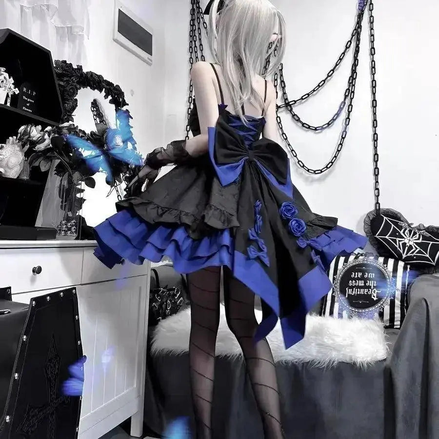 COALFELL Vintage Blue Gothic Lolita Jsk Dress Women Elegant Rose Ruffles Bow Princess Dresses Halloween Girls Tea Party Dress SS69