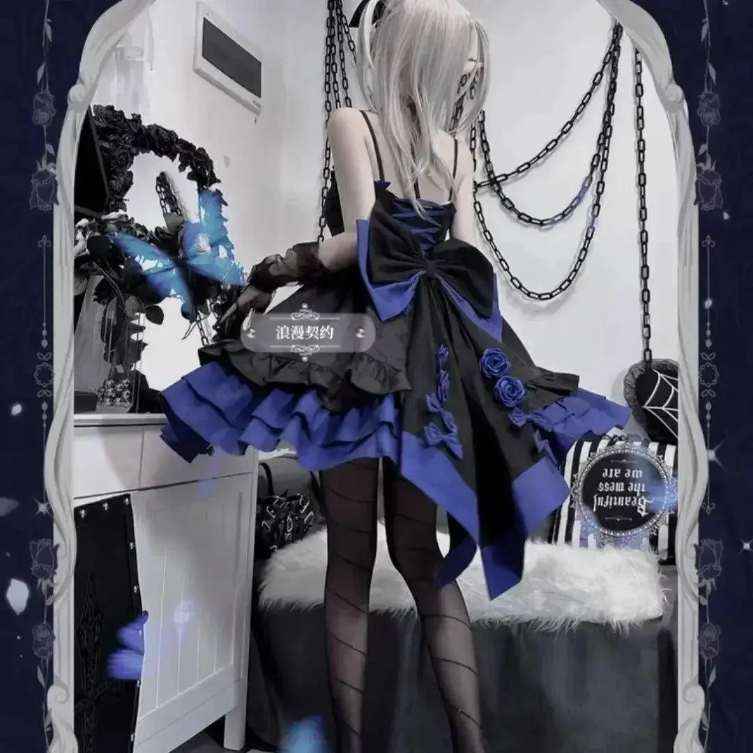 COALFELL Vintage Blue Gothic Lolita Jsk Dress Women Elegant Rose Ruffles Bow Princess Dresses Halloween Girls Tea Party Dress SS69