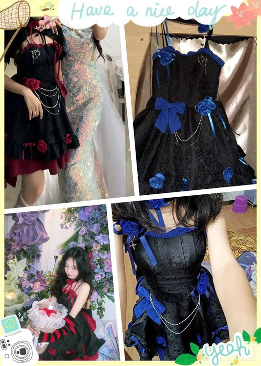 COALFELL Vintage Blue Gothic Lolita Jsk Dress Women Elegant Rose Ruffles Bow Princess Dresses Halloween Girls Tea Party Dress SS69