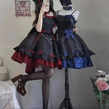 COALFELL Vintage Blue Gothic Lolita Jsk Dress Women Elegant Rose Ruffles Bow Princess Dresses Halloween Girls Tea Party Dress SS69