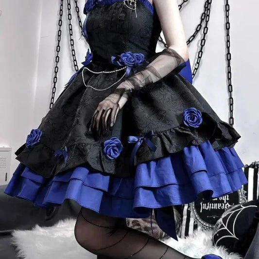 COALFELL Vintage Blue Gothic Lolita Jsk Dress Women Elegant Rose Ruffles Bow Princess Dresses Halloween Girls Tea Party Dress SS69