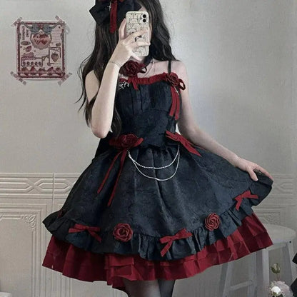 COALFELL Vintage Blue Gothic Lolita Jsk Dress Women Elegant Rose Ruffles Bow Princess Dresses Halloween Girls Tea Party Dress SS69