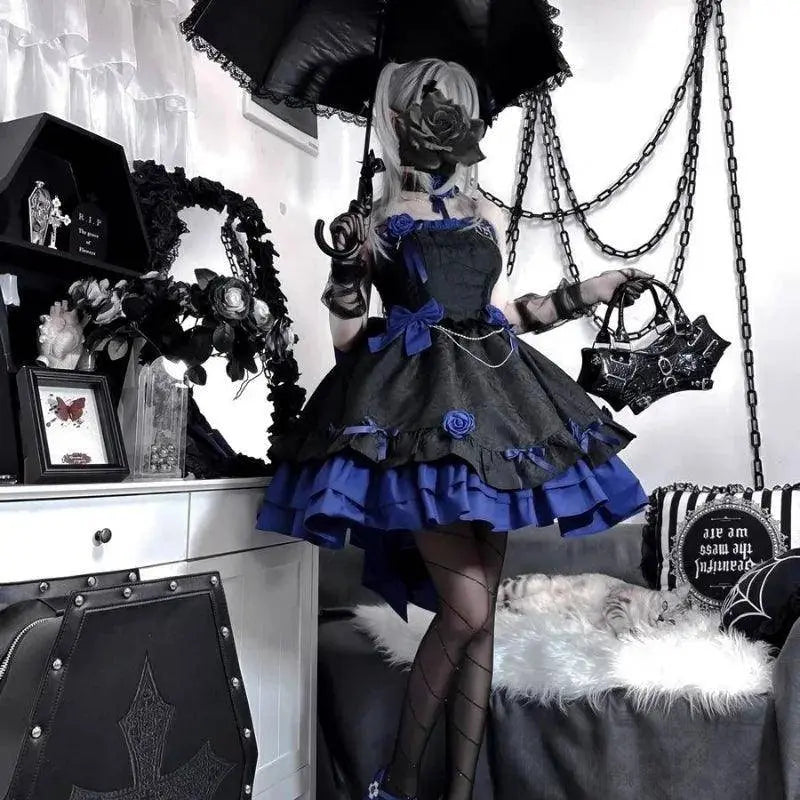 COALFELL Vintage Blue Gothic Lolita Jsk Dress Women Elegant Rose Ruffles Bow Princess Dresses Halloween Girls Tea Party Dress SS69