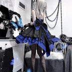 COALFELL Vintage Blue Gothic Lolita Jsk Dress Women Elegant Rose Ruffles Bow Princess Dresses Halloween Girls Tea Party Dress SS69