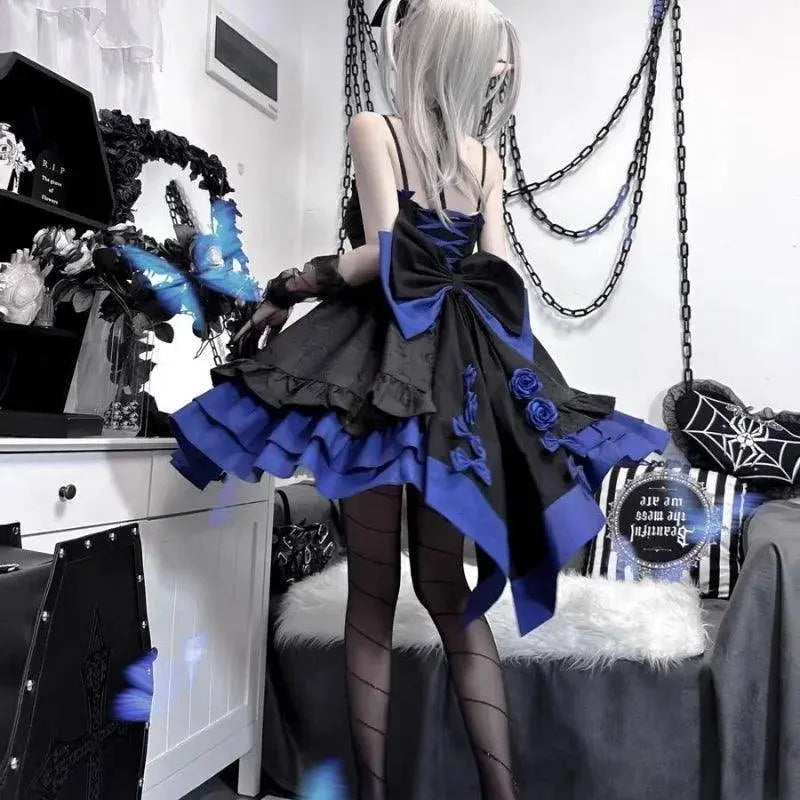 COALFELL Vintage Blue Gothic Lolita Jsk Dress Women Elegant Rose Ruffles Bow Princess Dresses Halloween Girls Tea Party Dress SS69