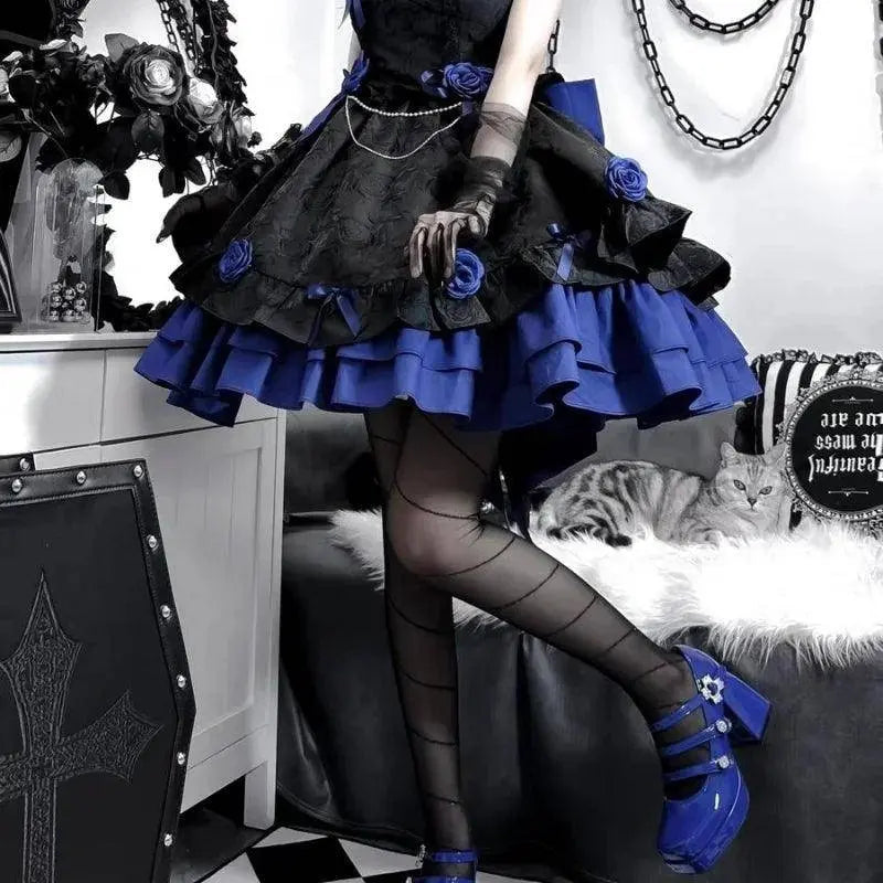 COALFELL Vintage Blue Gothic Lolita Jsk Dress Women Elegant Rose Ruffles Bow Princess Dresses Halloween Girls Tea Party Dress SS69