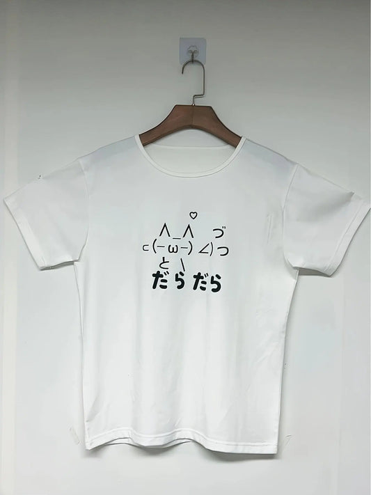 Cartoon Cat Print T-shirt, Y2K Crew Neck Short Sleeve T-shirt For Spring & Summer, Women's Clothing - SS69