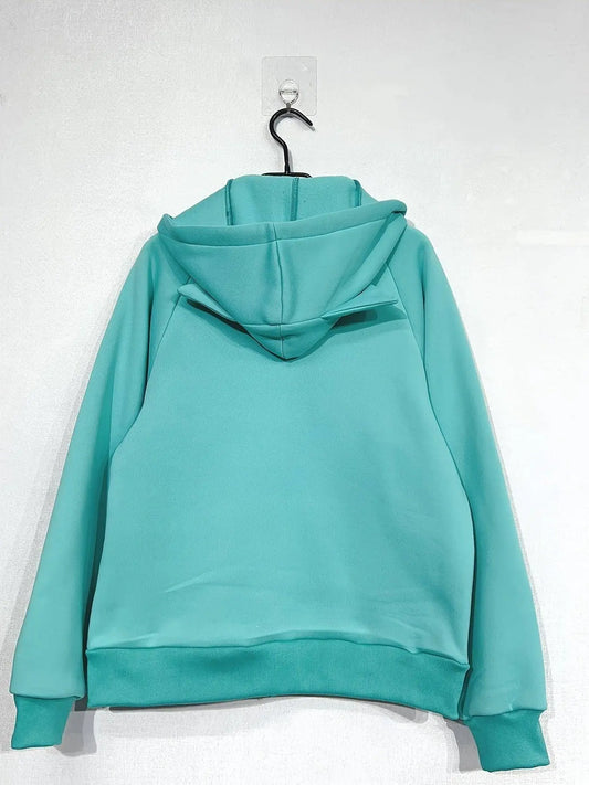 Cartoon Print Zip-up Hoodie Sweatshirt, Casual Long Raglan Sleeve Slant Pockets Drawstring Jacket For Fall & Winter, Women's Clothing SS69