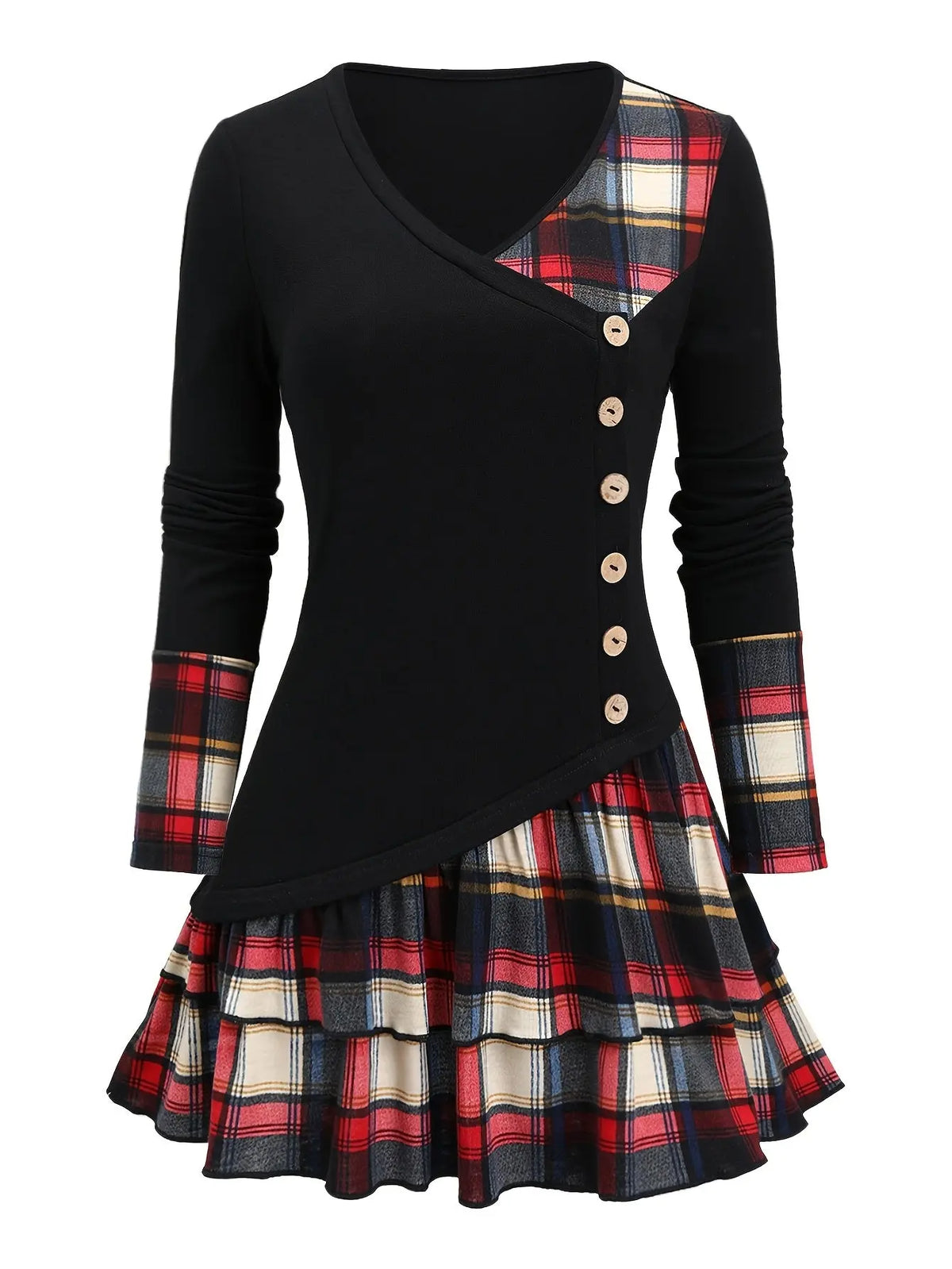 Casual Plaid Patchwork Long Sleeve V-Neck Tunic, Polyester Knit Fabric, Color Block Design, for Spring/Fall SS69