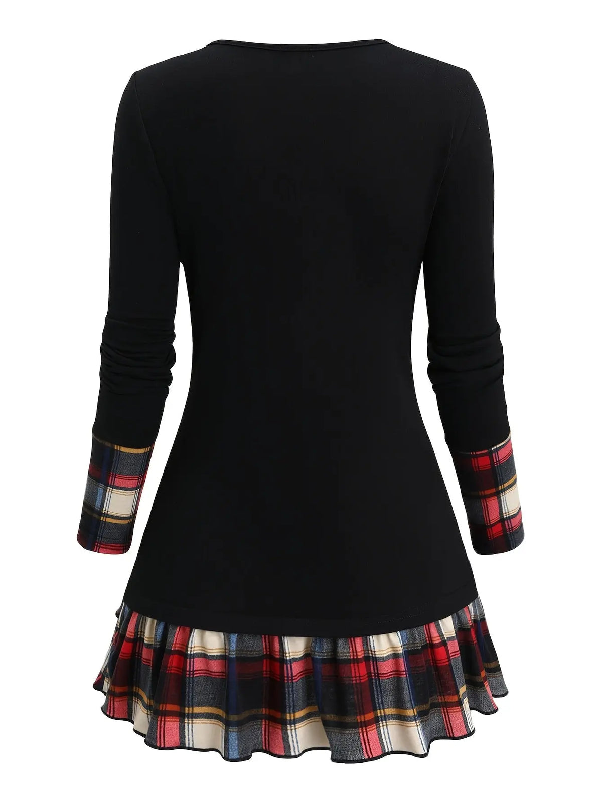 Casual Plaid Patchwork Long Sleeve V-Neck Tunic, Polyester Knit Fabric, Color Block Design, for Spring/Fall SS69