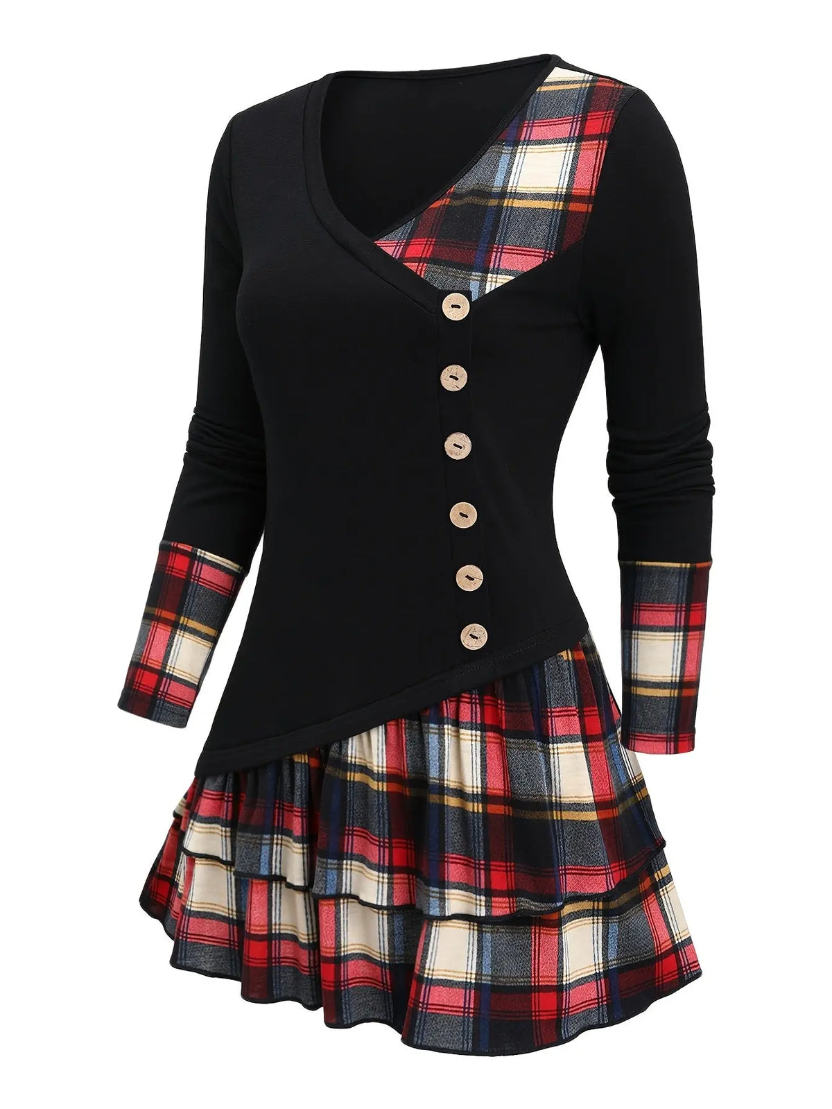 Casual Plaid Patchwork Long Sleeve V-Neck Tunic, Polyester Knit Fabric, Color Block Design, for Spring/Fall SS69