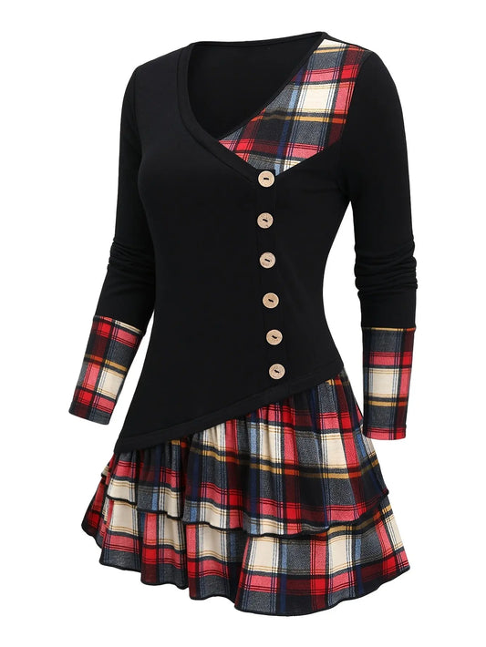 Casual Plaid Patchwork Long Sleeve V-Neck Tunic, Polyester Knit Fabric, Color Block Design, for Spring/Fall SS69