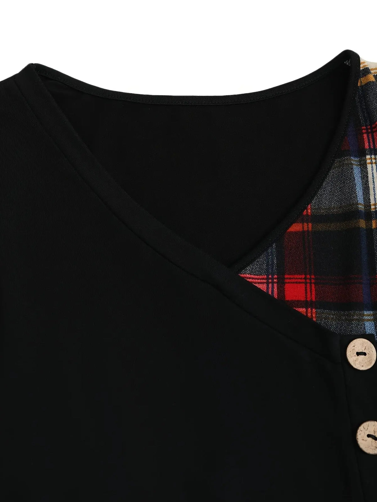 Casual Plaid Patchwork Long Sleeve V-Neck Tunic, Polyester Knit Fabric, Color Block Design, for Spring/Fall SS69