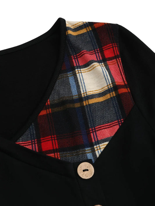 Casual Plaid Patchwork Long Sleeve V-Neck Tunic, Polyester Knit Fabric, Color Block Design, for Spring/Fall SS69