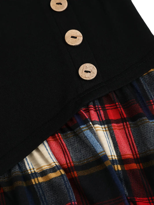 Casual Plaid Patchwork Long Sleeve V-Neck Tunic, Polyester Knit Fabric, Color Block Design, for Spring/Fall SS69