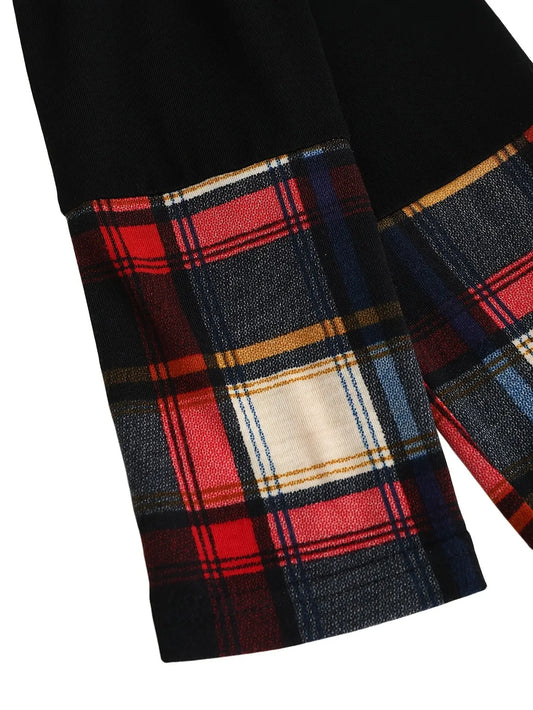 Casual Plaid Patchwork Long Sleeve V-Neck Tunic, Polyester Knit Fabric, Color Block Design, for Spring/Fall SS69