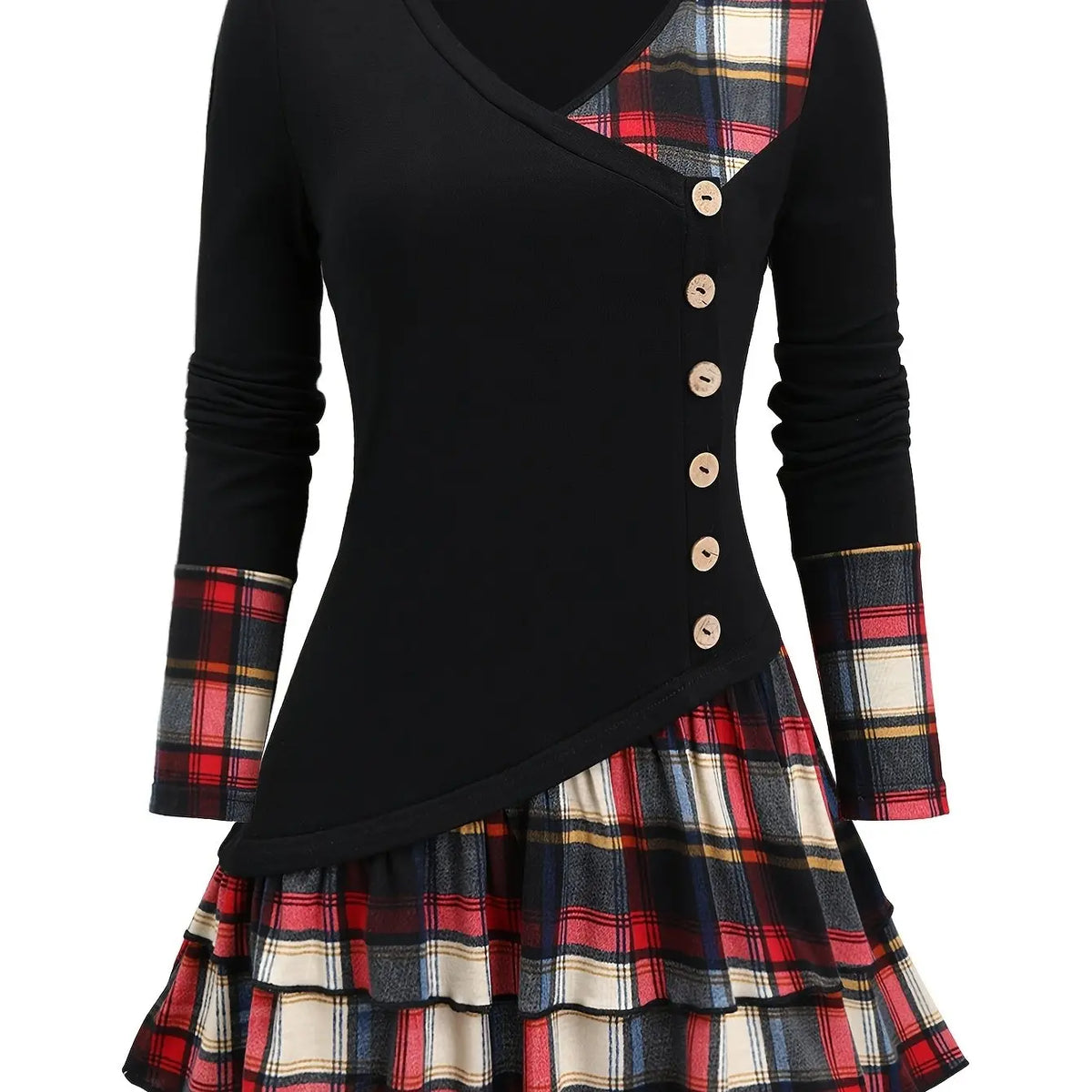 Casual Plaid Patchwork Long Sleeve V-Neck Tunic, Polyester Knit Fabric, Color Block Design, for Spring/Fall SS69 22.69 Black / XXL