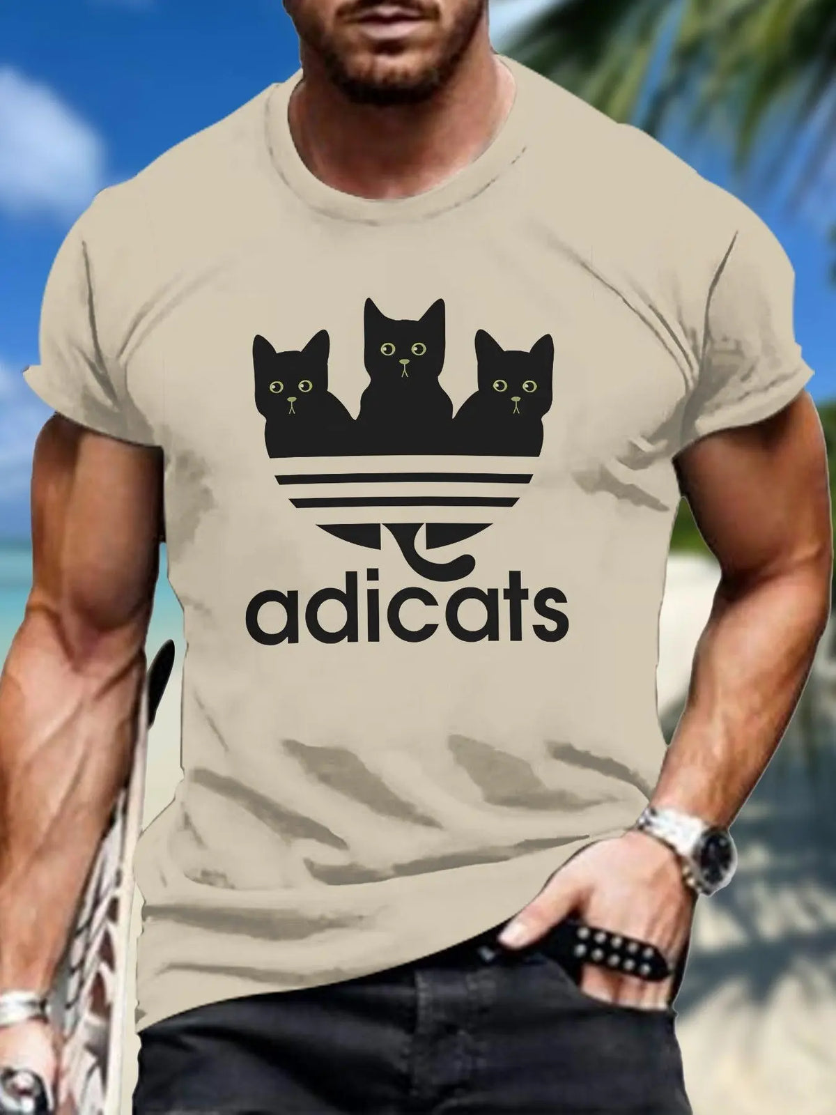 Casual Polyester-Spandex Knit T-Shirt with 3D Cat Print for Adults, Crew Neck, Regular Fit, Breathable Summer Tee with Slight Stretch - SS69