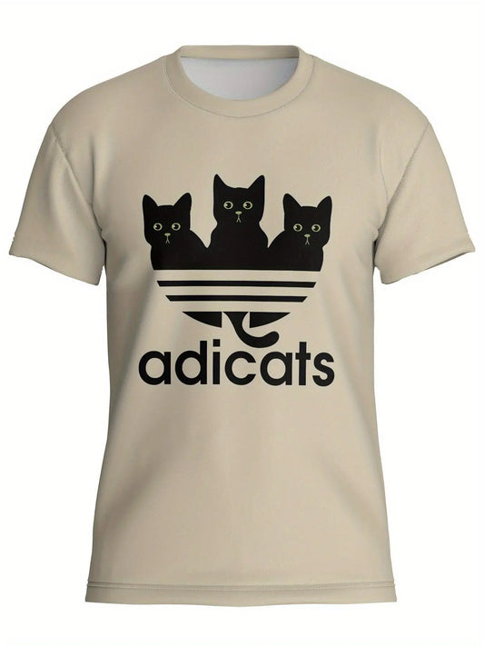 Casual Polyester-Spandex Knit T-Shirt with 3D Cat Print for Adults, Crew Neck, Regular Fit, Breathable Summer Tee with Slight Stretch - SS69