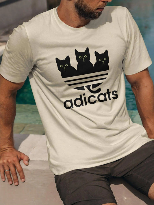 Casual Polyester-Spandex Knit T-Shirt with 3D Cat Print for Adults, Crew Neck, Regular Fit, Breathable Summer Tee with Slight Stretch - SS69