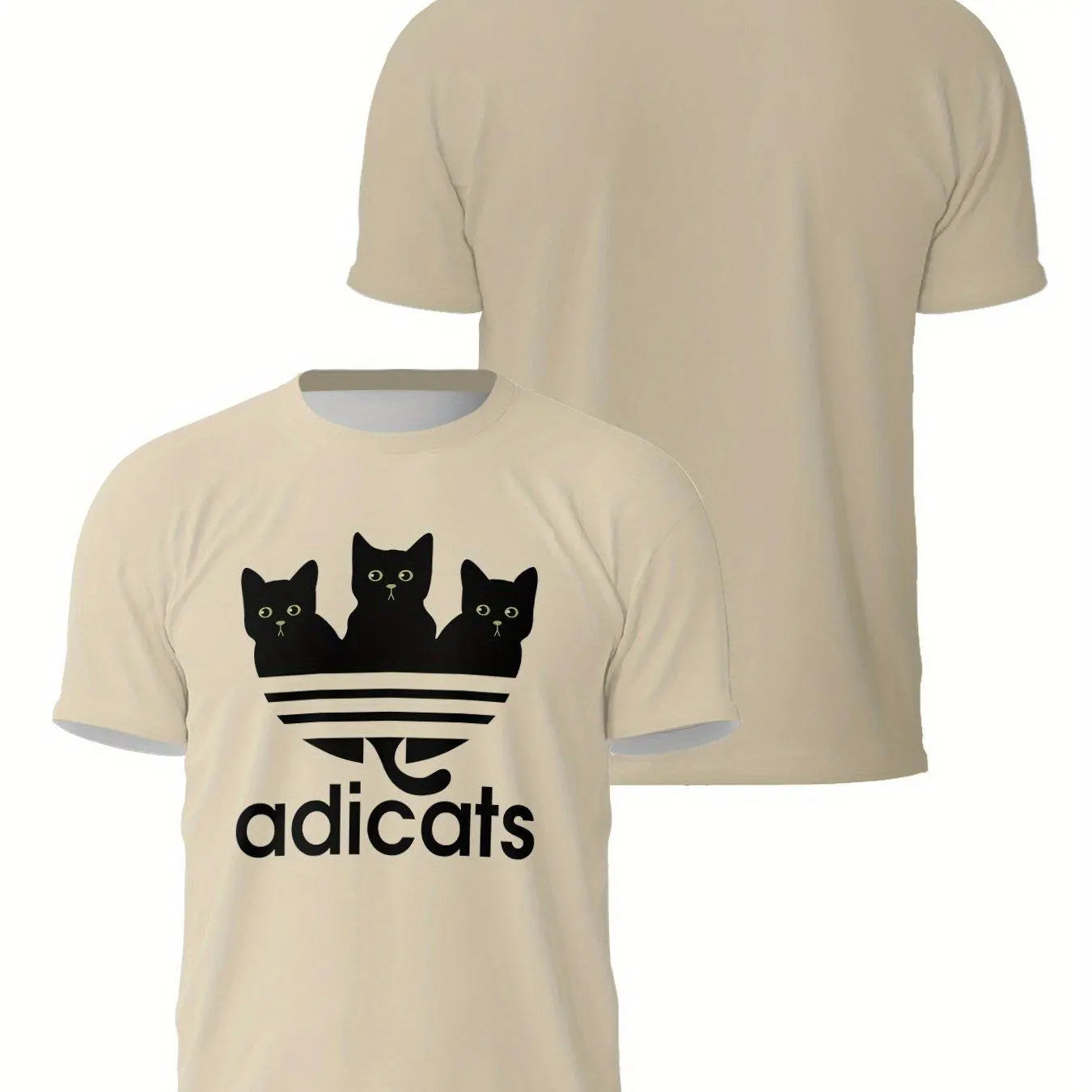 Casual Polyester-Spandex Knit T-Shirt with 3D Cat Print for Adults, Crew Neck, Regular Fit, Breathable Summer Tee with Slight Stretch - SS69