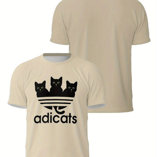 Casual Polyester-Spandex Knit T-Shirt with 3D Cat Print for Adults, Crew Neck, Regular Fit, Breathable Summer Tee with Slight Stretch - SS69