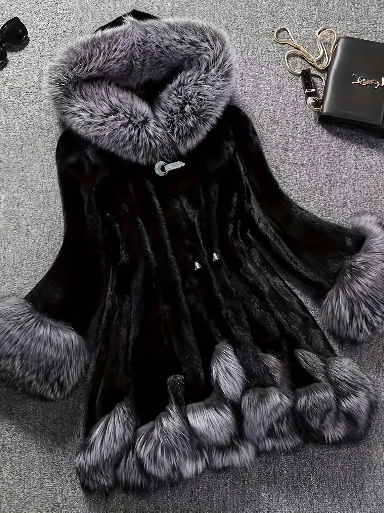 Casual Style Faux Fur Coat with Fox Fur Collar, Women'S Mid-Length Loose Fit Polyester Coat with Pockets, Fall/Winter Knitted Fabric Outerwear SS69