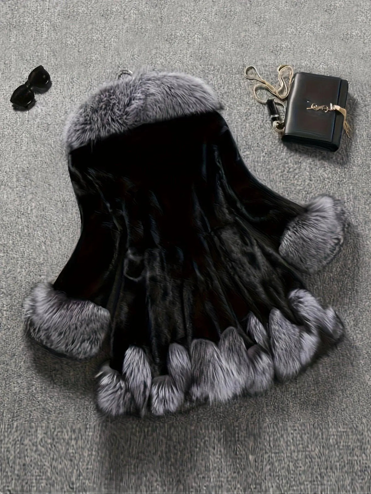 Casual Style Faux Fur Coat with Fox Fur Collar, Women'S Mid-Length Loose Fit Polyester Coat with Pockets, Fall/Winter Knitted Fabric Outerwear SS69